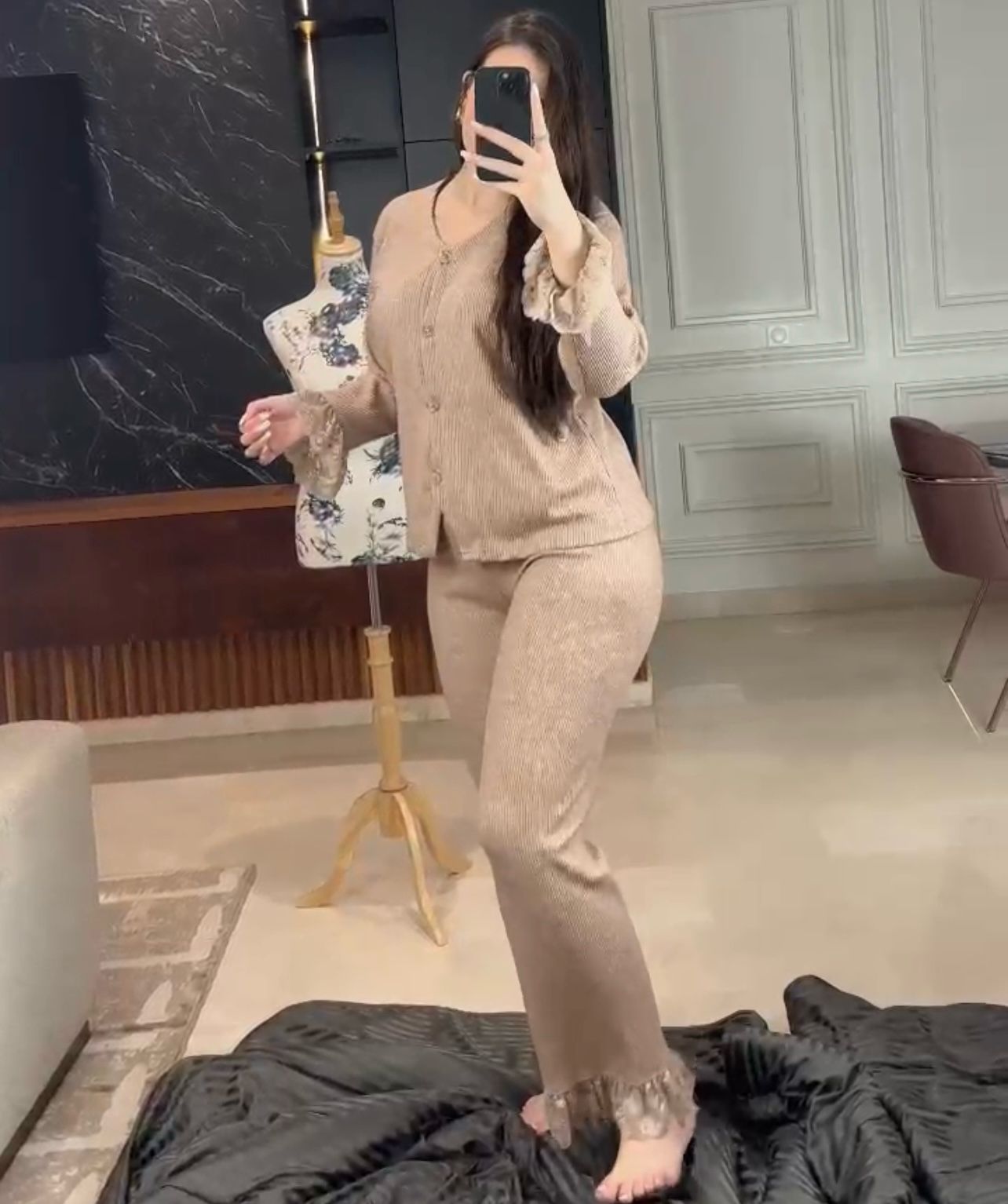 F-Pyjama finition en dentelle 100 % coton