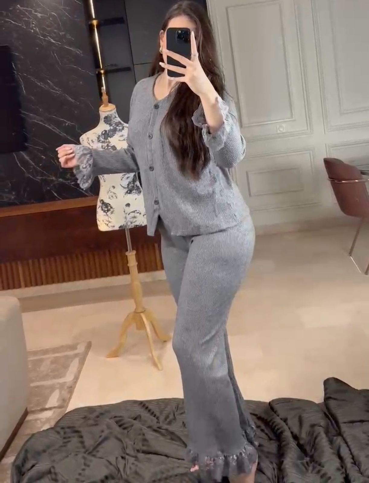 F-Pyjama finition en dentelle 100 % coton