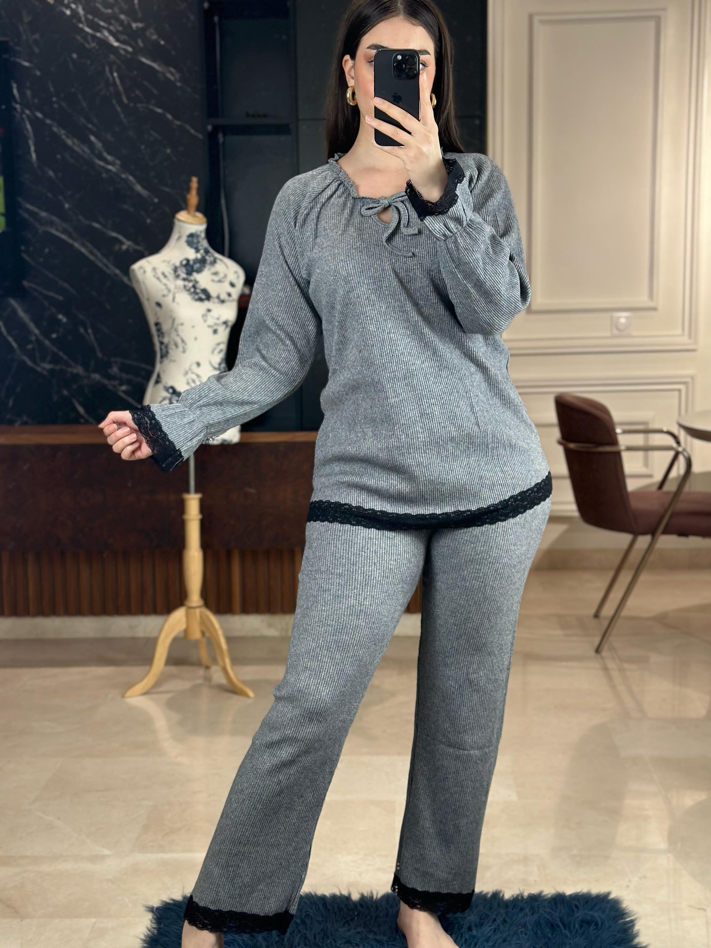 H-Pyjama finition en dentelle 100 % coton
